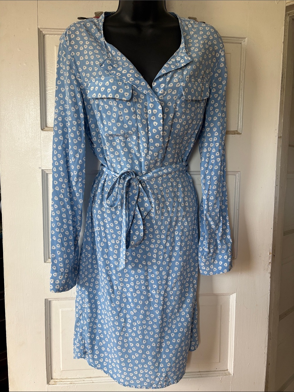 J. McLaughlin Silk Blue Printed Tie-Waist Shirt Dress